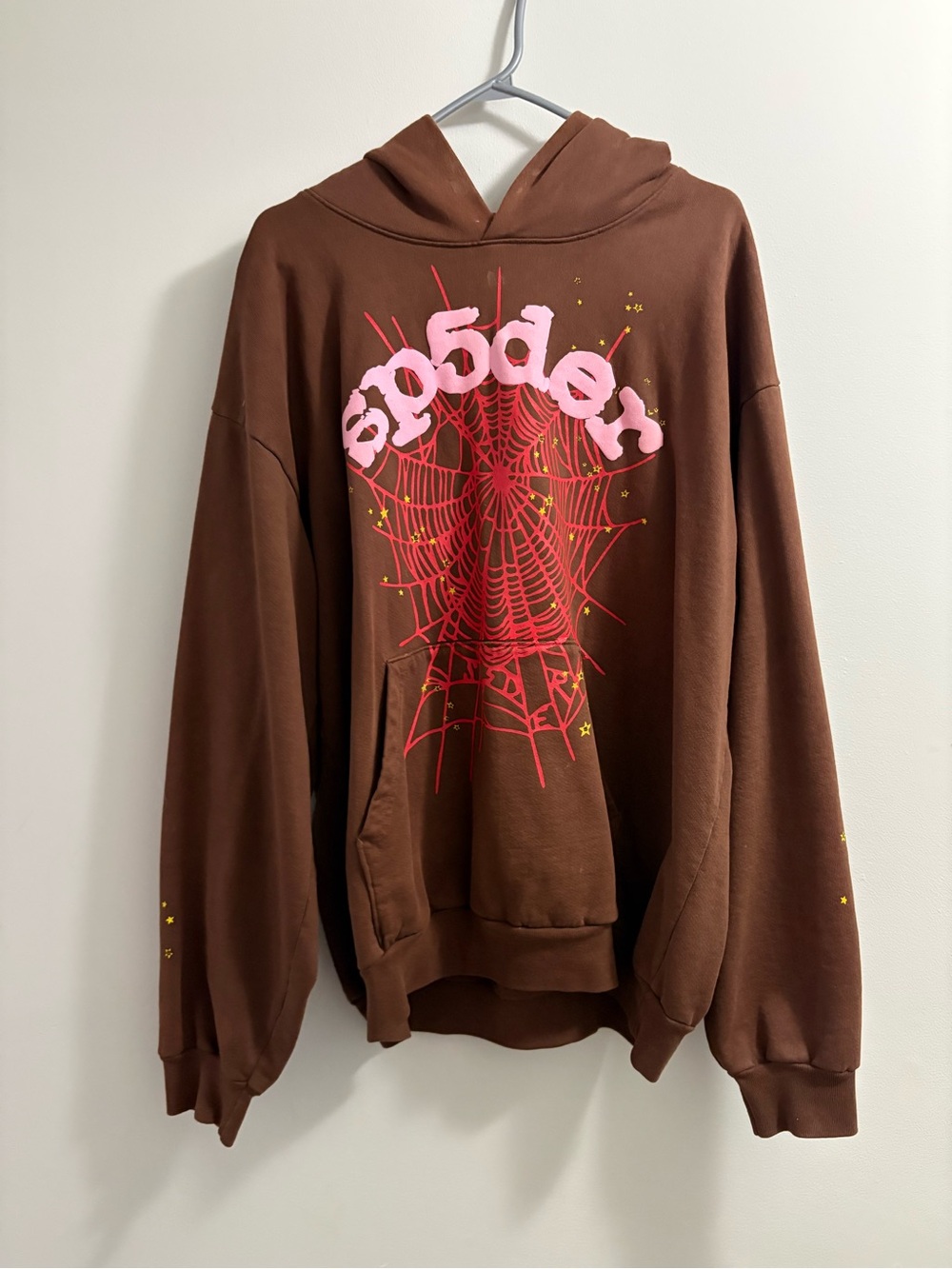 Brown Graphic Spider Web Hoodie with Pink Logo